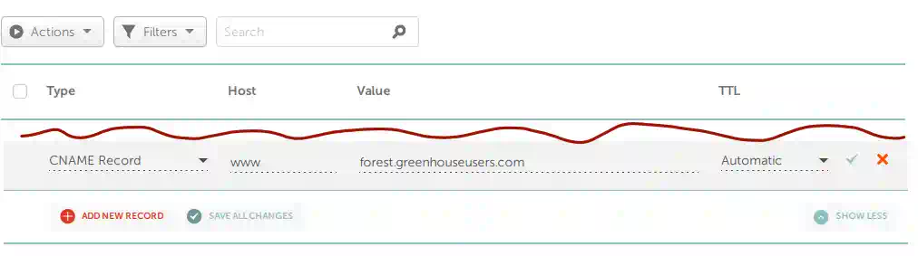 creating a new DNS record with Record Type set to CNAME, Name set to www, and a value of forest.greenhouseusers.com