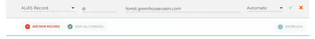 creating a new DNS record with Record Type set to ALIAS, Name set to @, and a value of forest.greenhouseusers.com